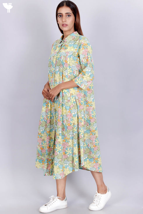 Mulmul Cotton Dress In Floral Block Print